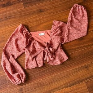 Blush rose pink romantic tie-front top with mini white hearts, size small